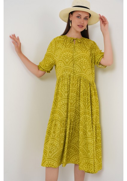 Kadın Kısa Kol Desenli Elbise 2553 - E.yeşil fırsatları