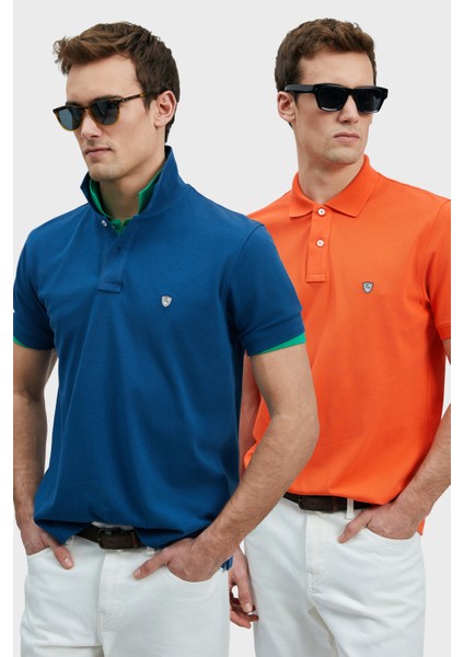 Logolu Pamuklu Comfort Fit Düğmeli Polo Yaka 2'li T Shirt Erkek T Shirt 111040206S2