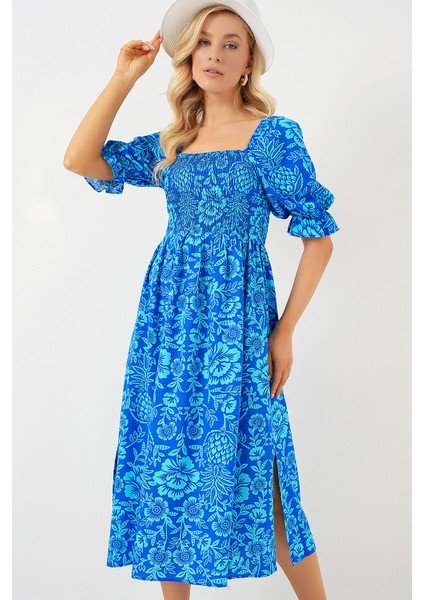 2512 Desenli Yırtmaçlı Elbise - Mavi