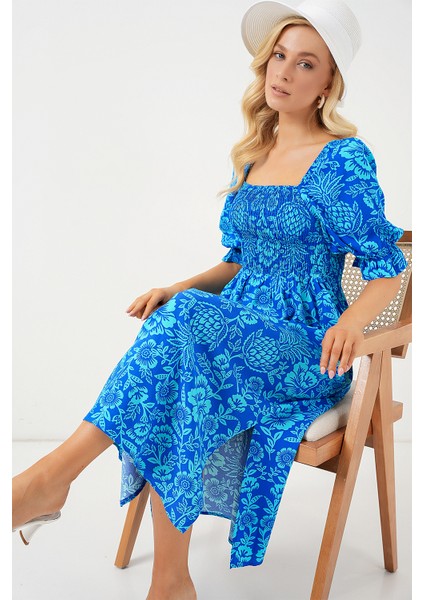 2512 Desenli Yırtmaçlı Elbise - Mavi fiyatları