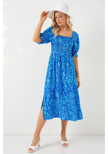 2512 Desenli Yırtmaçlı Elbise - Mavi modelleri