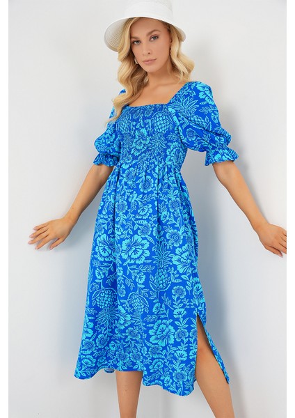 2512 Desenli Yırtmaçlı Elbise - Mavi fırsatları