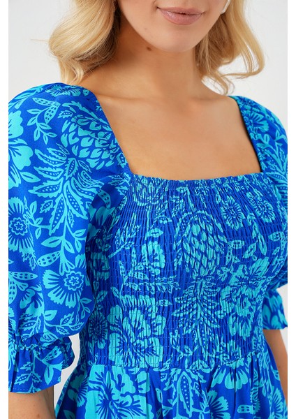 2512 Desenli Yırtmaçlı Elbise - Mavi indirimleri