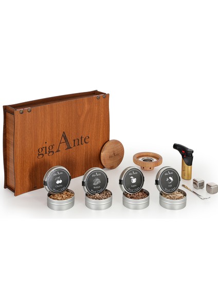 Viski & Kokteyl Tütsüleme Seti – 4 Farklı Aromalandırma Talaşı , Jet Çakmak, Çelik Buz, Ahşap Kutu