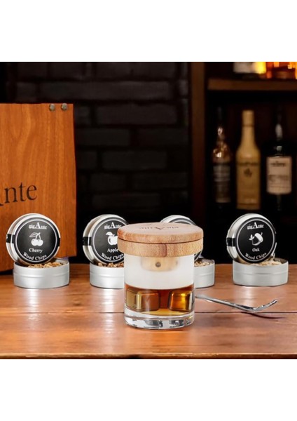 Viski & Kokteyl Tütsüleme Seti – 4 Farklı Aromalandırma Talaşı , Jet Çakmak, Çelik Buz, Ahşap Kutu