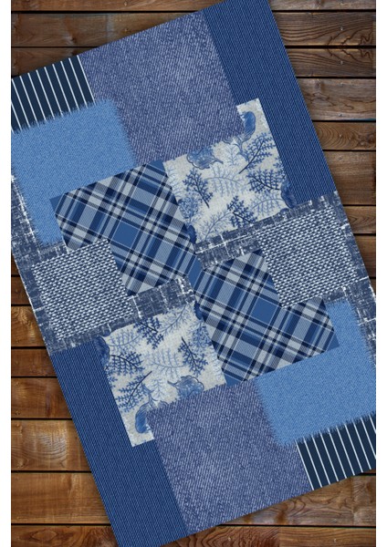 Mavi Geometrik Desenli Patchwork Halı Dekoratif Dijital Baskılı Dokuma Kaymaz Tabanlı Yıkanabilir Ofis Halısı