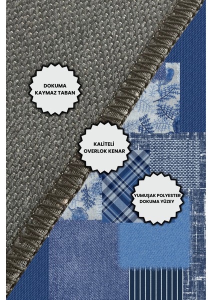 Mavi Geometrik Desenli Patchwork Halı Dekoratif Dijital Baskılı Dokuma Kaymaz Tabanlı Yıkanabilir Ofis Halısı
