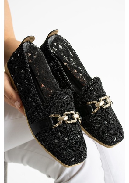 Zincir Detaylı Nefes Alabilen Esnek Yazlık Örgü Model Hasır Günlük Kadın Babet Ayakkabı