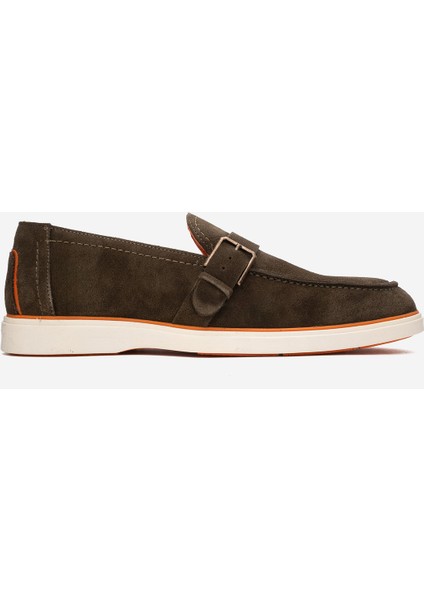 Erkek Hafif Tabanlı Toka Detaylı Loafer Gerçek Süet Deri Cr 2406 Haki