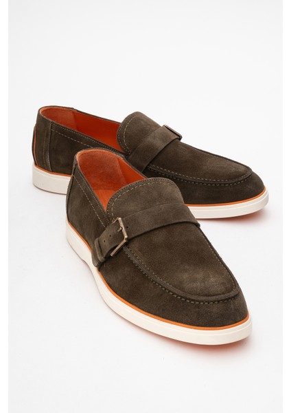 Erkek Hafif Tabanlı Toka Detaylı Loafer Gerçek Süet Deri Cr 2406 Haki