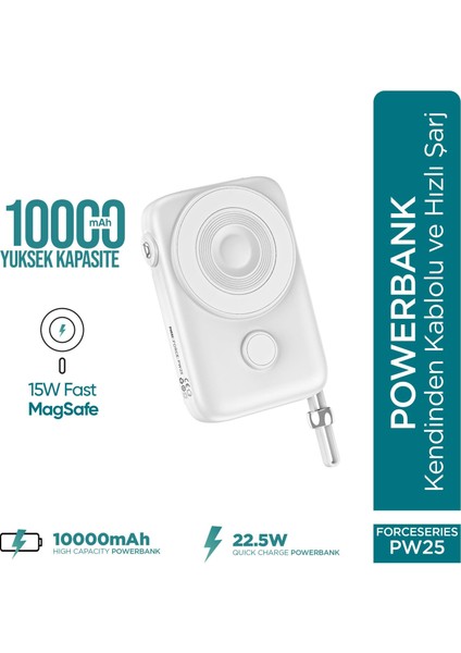 Force PW25 10000mAh 22.5W Kendinden Kablolu MagSafe Powerbank - Kablosuz Mini Şarj Cihazı - Dijital Ekran - Taşınabilir Şarj Cihazı
