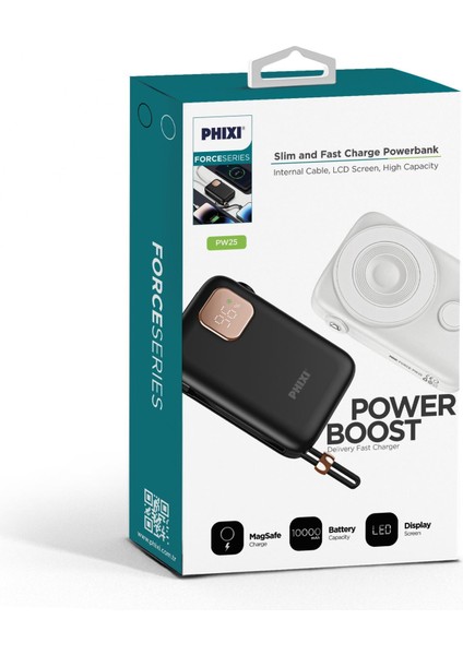 Force PW25 10000mAh 22.5W Kendinden Kablolu MagSafe Powerbank - Kablosuz Mini Şarj Cihazı - Dijital Ekran - Taşınabilir Şarj Cihazı