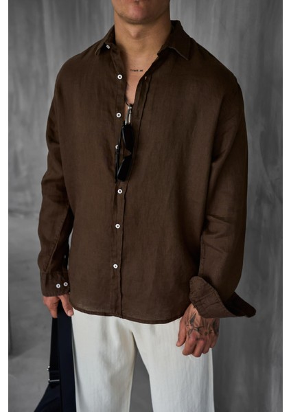 Erkek Uzun Kollu Regular Fit %100 Keten Gömlek Kahverengi