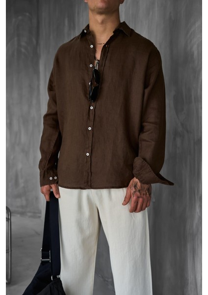 Erkek Uzun Kollu Regular Fit %100 Keten Gömlek Kahverengi fiyatları
