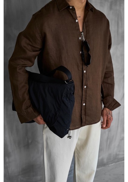 Erkek Uzun Kollu Regular Fit %100 Keten Gömlek Kahverengi modelleri