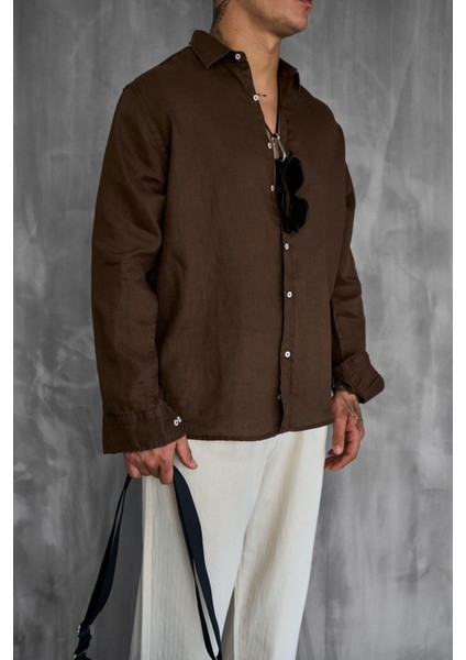 Erkek Uzun Kollu Regular Fit %100 Keten Gömlek Kahverengi fırsatları