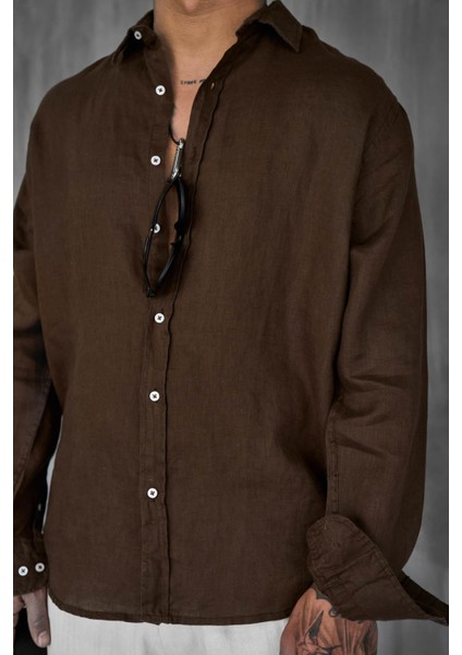 Erkek Uzun Kollu Regular Fit %100 Keten Gömlek Kahverengi indirimleri
