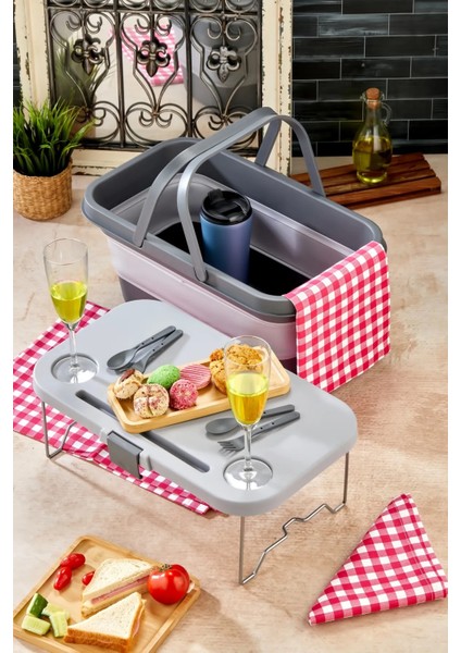 Piknik Sepeti 23.5 Lt Sehpali Akordiyon Katlanabilir Silikon Gri