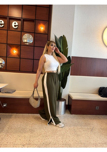 Kadın Büyük Beden Şerit Yırtmaçlı Iki Iplik Eşofman Altı 21070 Haki