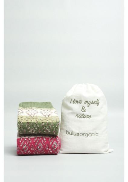 Organik Yün 2'li Kışlık Kilim Desenli Kalın Soket Çorap Pembe-Fuşya / Yeşil-Olive