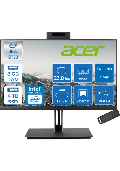 Veriton 4000 VZ4714GT Intel Core I7 13700 8gb Ram 4tb SSD Freedos UHD Graphics 23.8" Yükseklik Ayarı, Pivot, Vesa Desteği Fullhd All In One Bilgisayar DQR03EM00GF05 + Zetta Flash Bellek