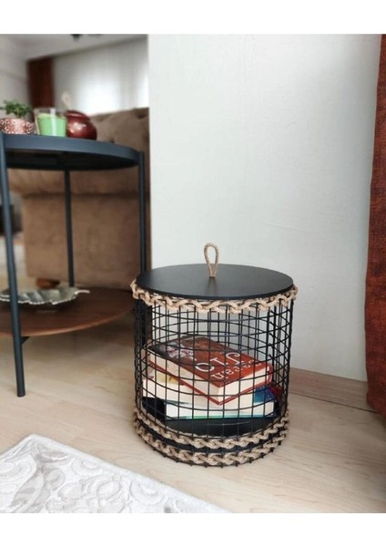 Metal Hasır Sepet Ahşap Kapaklı Çok Amaçlı Kullanım için Doğal Renkli Jüt