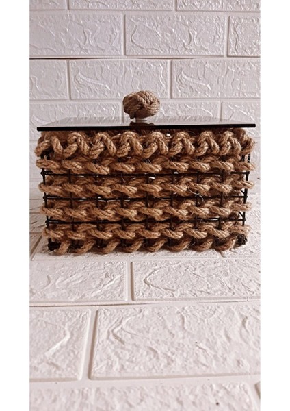 Hasır Jüt Köşeli-Kare Mini Dekoratif Cam Kapak Mini Sepet-Düzenleyici