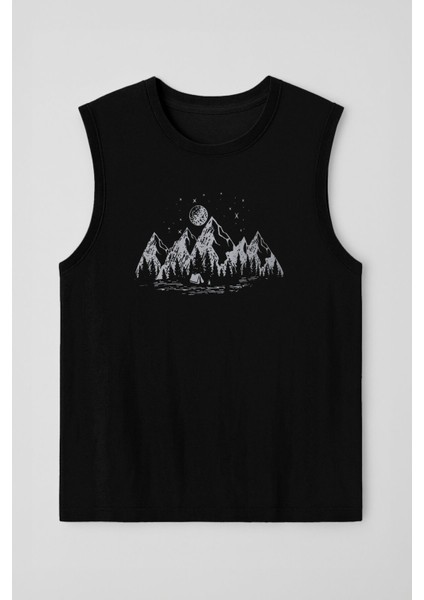 Kadın Bisiklet Yaka Baskılı Siyah Kolsuz T-Shirt