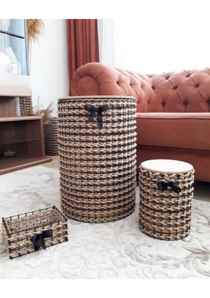 Doğal Hasır El Yapımı Dekoratif Sepet-Oyuncak Kabı-Çamaşır Sepeti-Düzenleyici 3lü Kapaklı