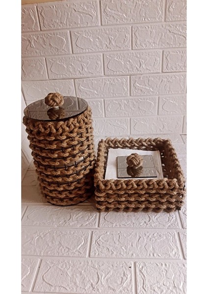 2li Köşeli ve Yuvarlak Dekoratif Hasır Cam Kapak Sepet-Düzenleyici-Organizer