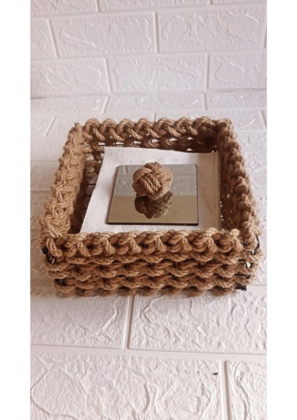 Hasır Jüt Köşeli-Kare Dekoratif Cam Kapak Mini Sepet-Düzenleyici-Peçetelik