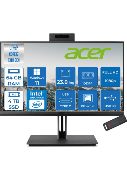 Veriton 4000 VZ4714GT Intel Core I7 13700 64GB Ram 4tb SSD Windows 11 Home UHD Graphics 23.8" Yükseklik Ayarı, Pivot, Vesa Desteği Fullhd All In One Bilgisayar DQR03EM00GH35 + Zetta Flash Bellek