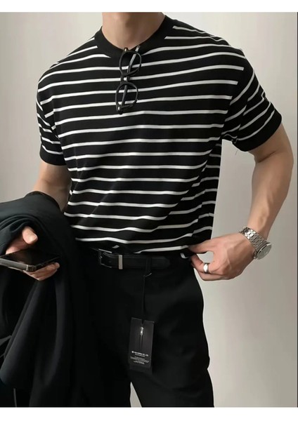 Erkek Mat Siyah Kısa Kollu Fitilli Akrilik-Pamuk Karışımlı Triko T-Shirt