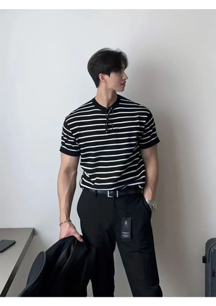 Erkek Mat Siyah Kısa Kollu Fitilli Akrilik-Pamuk Karışımlı Triko T-Shirt fiyatları