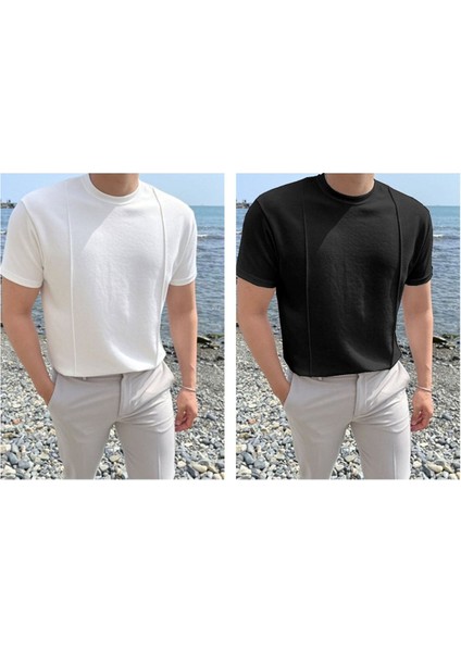 Erkek Mat Siyah Kısa Kollu Fitilli Akrilik-Pamuk Karışımlı Triko T-Shirt