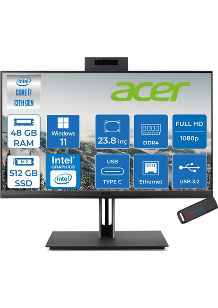 Veriton 4000 VZ4714GT Intel Core I7 13700 48GB Ram 512GB SSD Windows 11 Pro UHD Graphics 23.8" Yükseklik Ayarı, Pivot, Vesa Desteği Fullhd All In One Bilgisayar DQR03EM00GP27 + Zetta Flash Bellek
