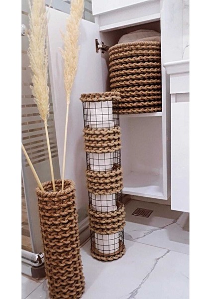 Doğal Hasır Dekoratif Sepet, Vazo ve Peçetelik Sepeti 3lü Set Düzenleyici-Organizer
