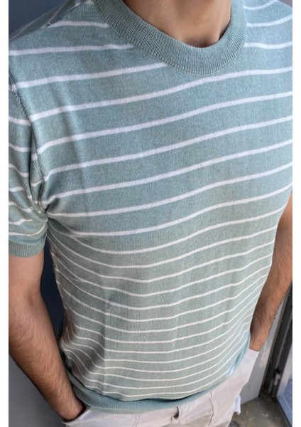 Erkek Lacivert Kısa Kollu Fitilli Akrilik-Pamuk Karışımlı Triko T-Shirt