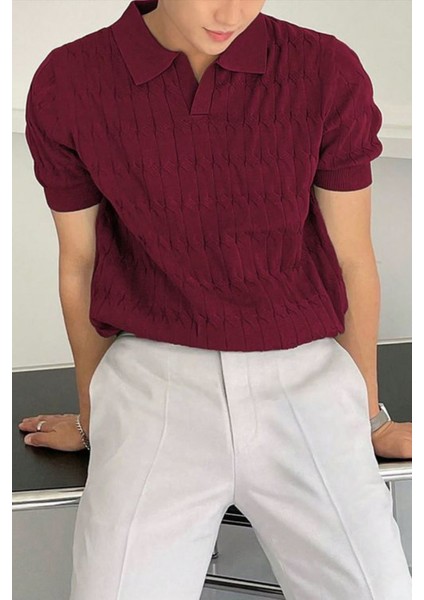 Erkek Bordo Ince Saç Örgülü Slim Fit Polo Yaka Triko T-Shirt