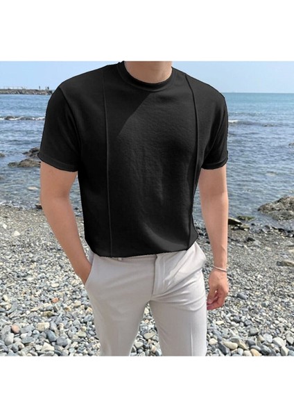 Siyah Erkek Yuvarlak Yaka 2 Çizgili Örme Triko T-Shirt