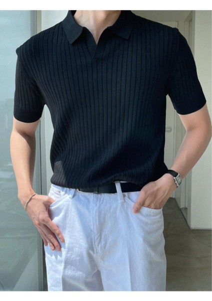 Siyah Erkek Fitilli Polo Yaka Triko T-Shirt