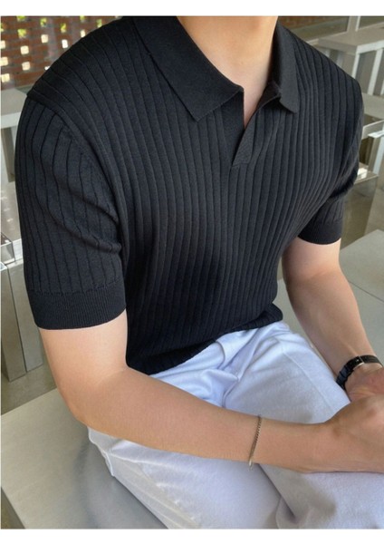 Siyah Erkek Fitilli Polo Yaka Triko T-Shirt modelleri