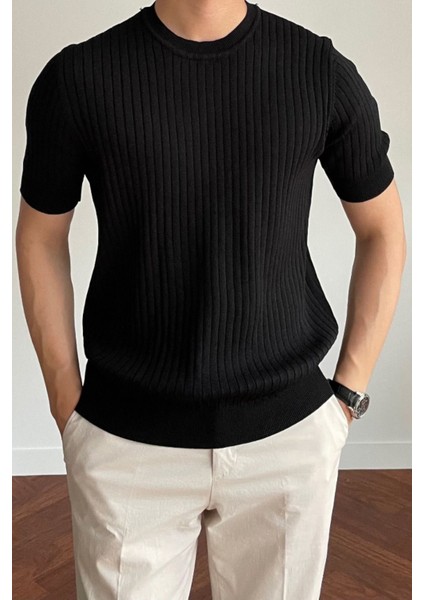 Erkek Siyah Fitilli Slim Fit Bisiklet Yaka Triko T-Shirt