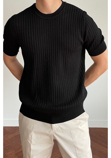 Erkek Siyah Fitilli Slim Fit Bisiklet Yaka Triko T-Shirt fırsatları