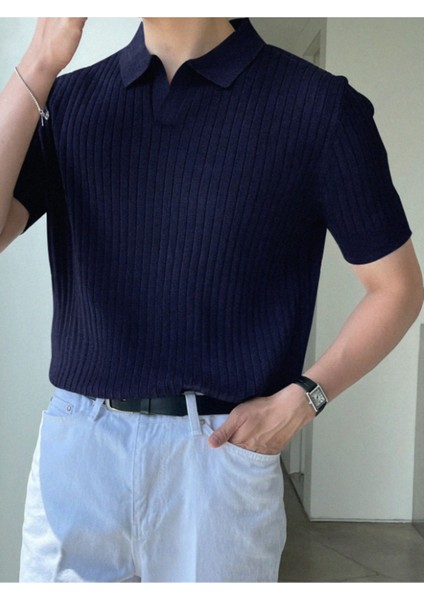 Lacivert Erkek Fitilli Polo Yaka Triko T-Shirt fiyatları