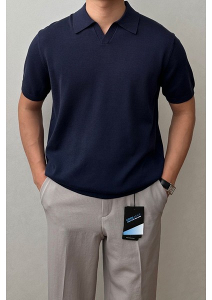 Erkek Lacivert Patlı Kısa Kollu Polo Yaka Triko T-Shirt