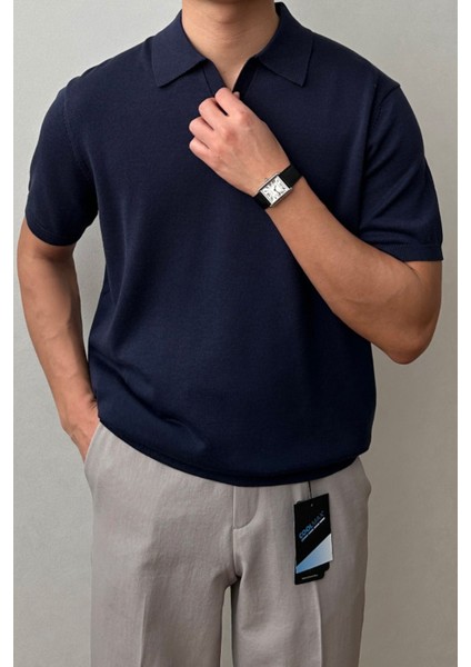 Erkek Lacivert Patlı Kısa Kollu Polo Yaka Triko T-Shirt fiyatları