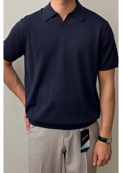 Erkek Lacivert Patlı Kısa Kollu Polo Yaka Triko T-Shirt modelleri