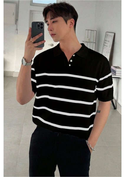 Erkek Düğmeli Polo Yaka Çizgi Detaylı Slim Fit Triko T-Shirt