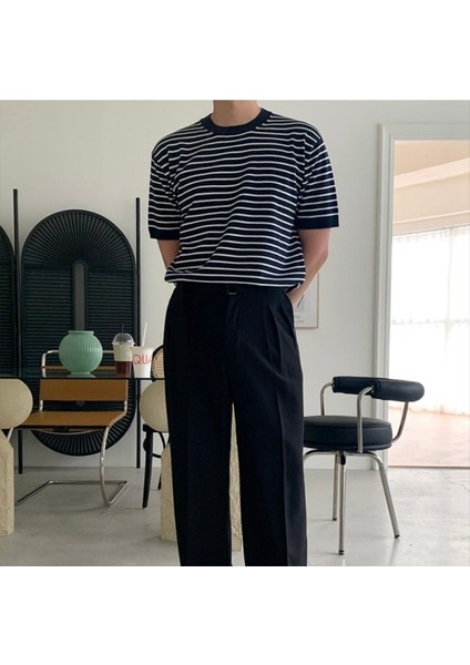 Erkek Lacivert Kısa Kollu Fitilli Akrilik-Pamuk Karışımlı Triko T-Shirt fiyatları